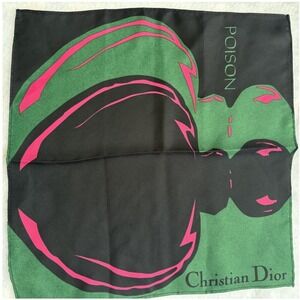 CHRISTIAN DIOR Scarf Pocket Square Poison Perfume Graphic Green Black 11"